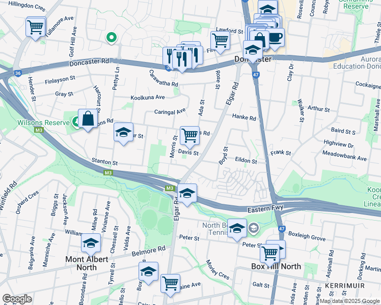 map of restaurants, bars, coffee shops, grocery stores, and more near Davis Street in Doncaster