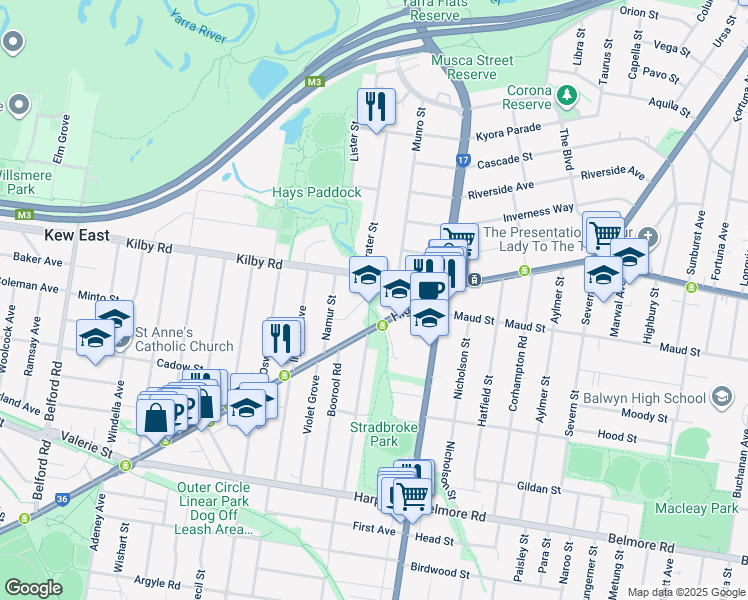 map of restaurants, bars, coffee shops, grocery stores, and more near 823 High Street in Kew East
