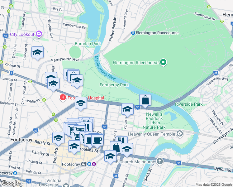 map of restaurants, bars, coffee shops, grocery stores, and more near 40 Maribyrnong Boulevard in Footscray