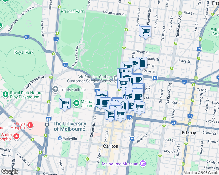 map of restaurants, bars, coffee shops, grocery stores, and more near 438 Cardigan Street in Carlton