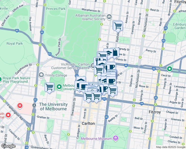 map of restaurants, bars, coffee shops, grocery stores, and more near 438 Cardigan Street in Carlton
