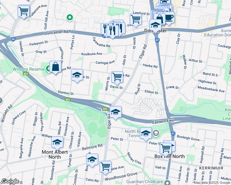 map of restaurants, bars, coffee shops, grocery stores, and more near 1 Katrina Street in Doncaster