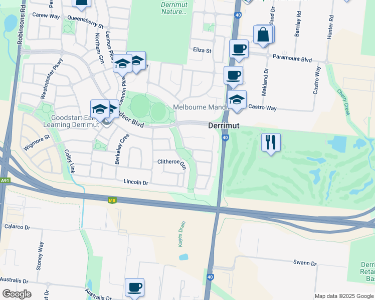 map of restaurants, bars, coffee shops, grocery stores, and more near 2A Rochester Vista in Derrimut