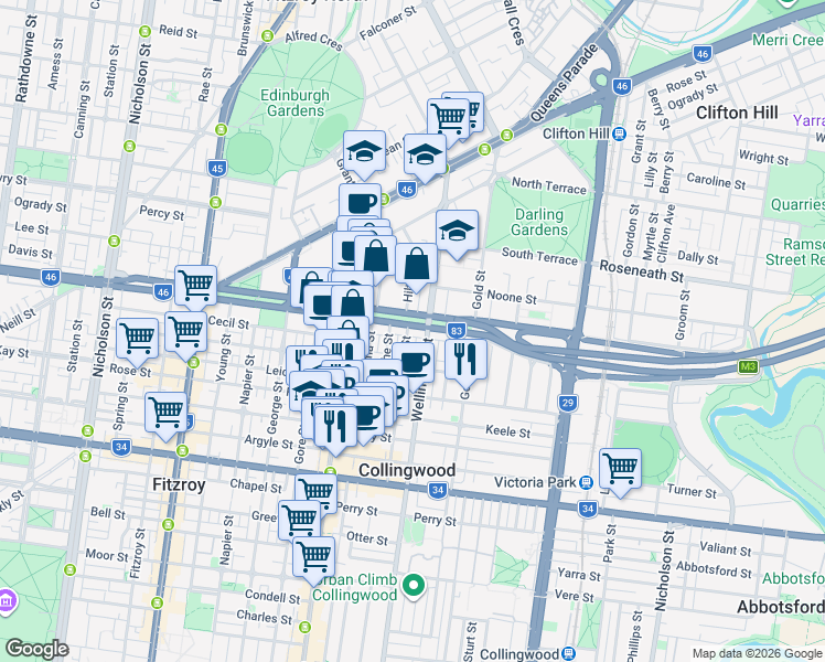 map of restaurants, bars, coffee shops, grocery stores, and more near 45 Alexandra Parade in Collingwood