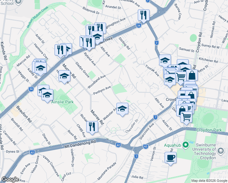 map of restaurants, bars, coffee shops, grocery stores, and more near Webster Avenue in Croydon