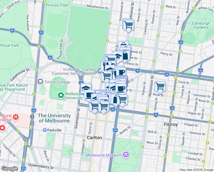 map of restaurants, bars, coffee shops, grocery stores, and more near 510 Lygon Street in Carlton