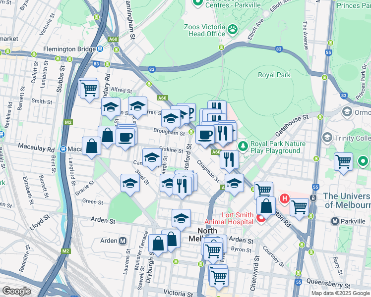 map of restaurants, bars, coffee shops, grocery stores, and more near 483 Abbotsford Street in North Melbourne