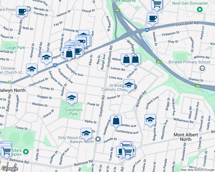 map of restaurants, bars, coffee shops, grocery stores, and more near 55 Greythorn Road in Balwyn North