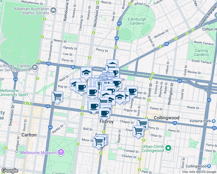 map of restaurants, bars, coffee shops, grocery stores, and more near 399 Brunswick Street in Fitzroy