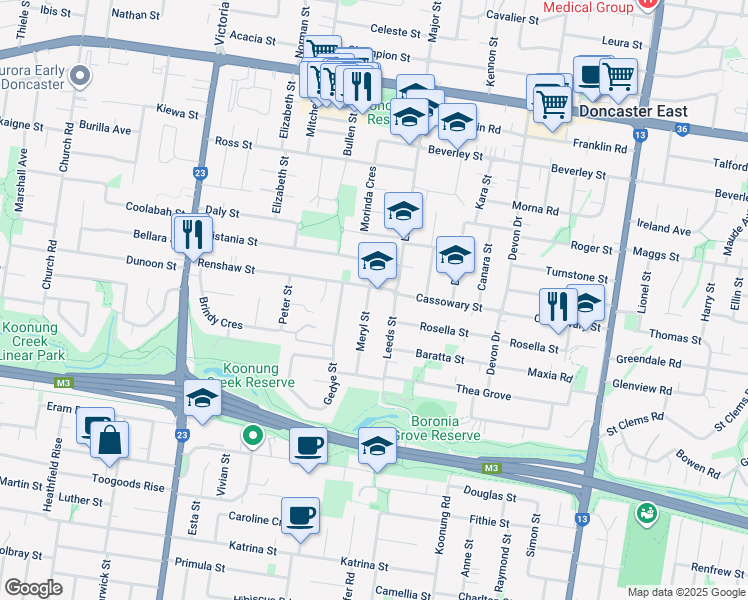 map of restaurants, bars, coffee shops, grocery stores, and more near 2 Meryl Street in Doncaster East