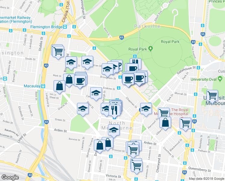 map of restaurants, bars, coffee shops, grocery stores, and more near 36-38 Carroll Street in North Melbourne