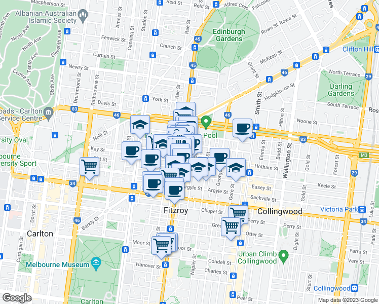 map of restaurants, bars, coffee shops, grocery stores, and more near 99 Leicester Street in Fitzroy