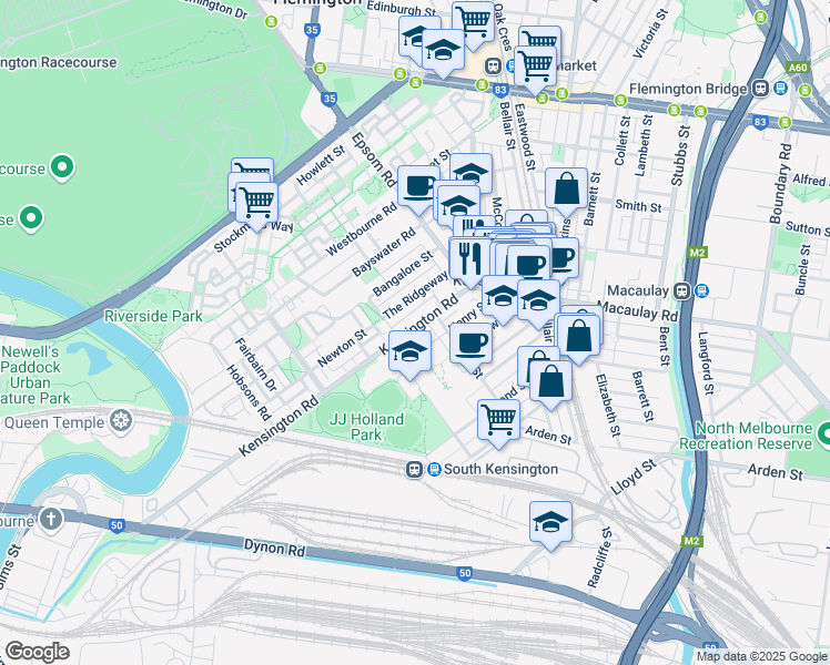 map of restaurants, bars, coffee shops, grocery stores, and more near 53 Kensington Road in Kensington