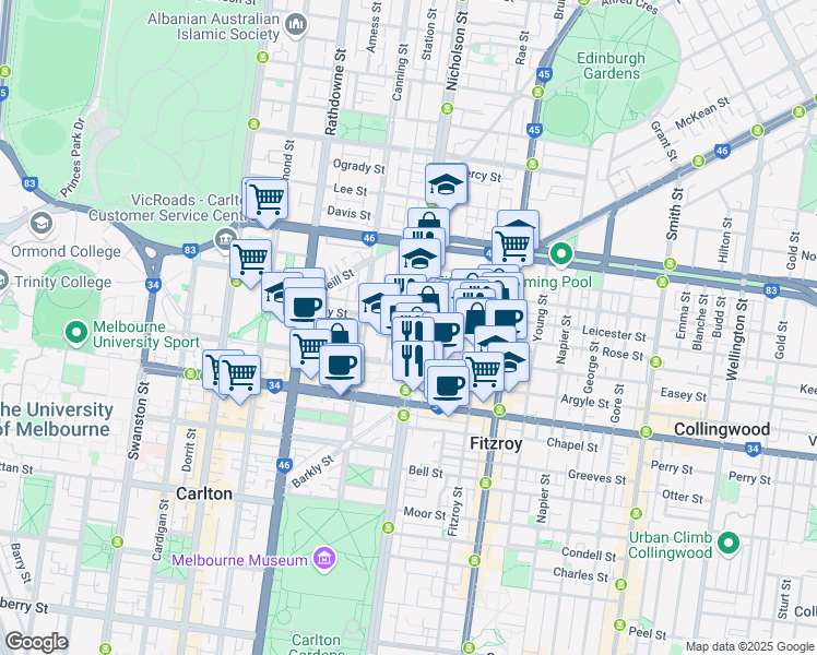 map of restaurants, bars, coffee shops, grocery stores, and more near 193 Nicholson Street in Carlton