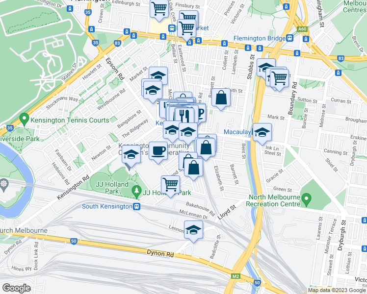map of restaurants, bars, coffee shops, grocery stores, and more near 16 Wolseley Parade in Kensington