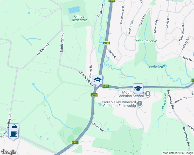 map of restaurants, bars, coffee shops, grocery stores, and more near 167 Swansea Road in Lilydale