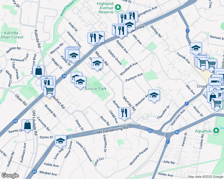 map of restaurants, bars, coffee shops, grocery stores, and more near Ainslie Park Avenue in Croydon