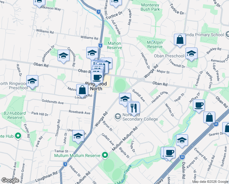 map of restaurants, bars, coffee shops, grocery stores, and more near 33A Wonga Road in Ringwood North
