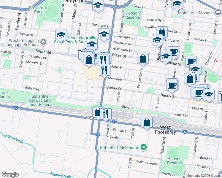 map of restaurants, bars, coffee shops, grocery stores, and more near 741 Barkly Street in West Footscray