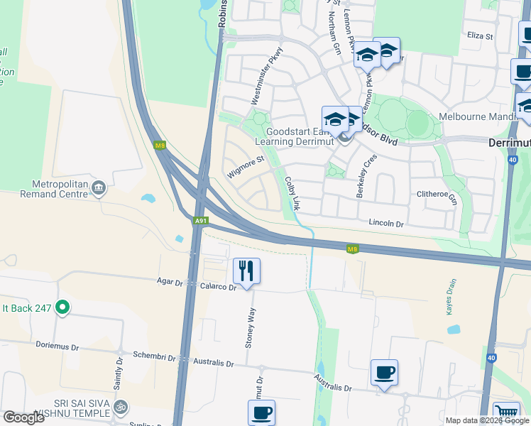 map of restaurants, bars, coffee shops, grocery stores, and more near 15 Sherrington Grange in Derrimut