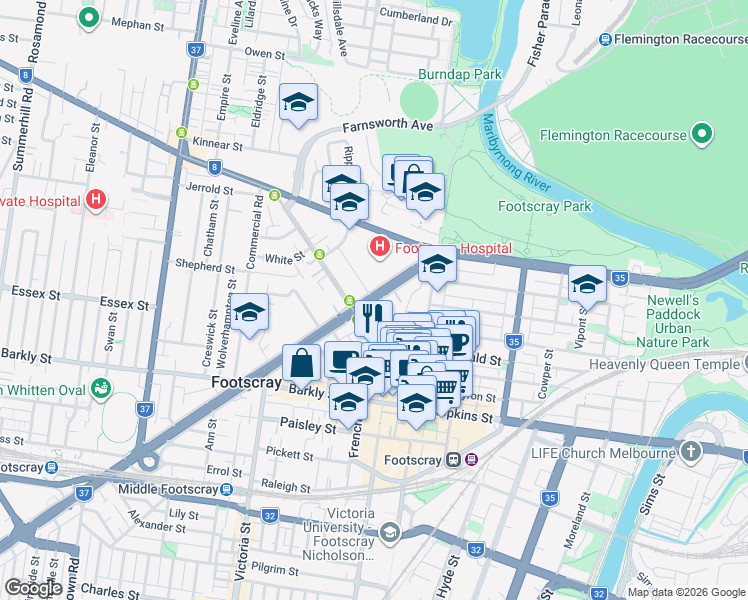 map of restaurants, bars, coffee shops, grocery stores, and more near State Route 83 in Footscray