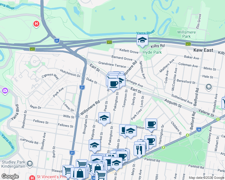 map of restaurants, bars, coffee shops, grocery stores, and more near 79 Willsmere Road in Kew