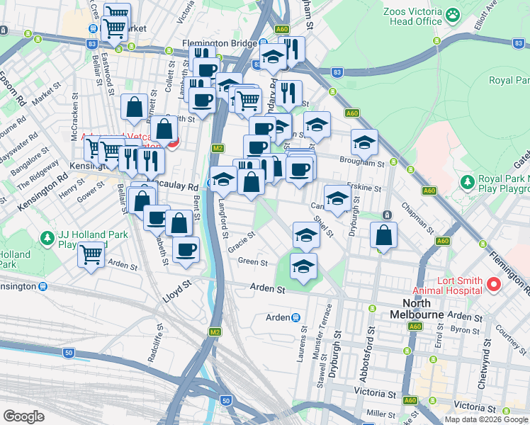 map of restaurants, bars, coffee shops, grocery stores, and more near 201-241 Macaulay Road in North Melbourne