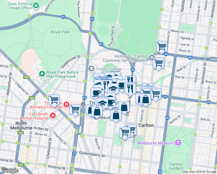 map of restaurants, bars, coffee shops, grocery stores, and more near Tin Alley in Parkville
