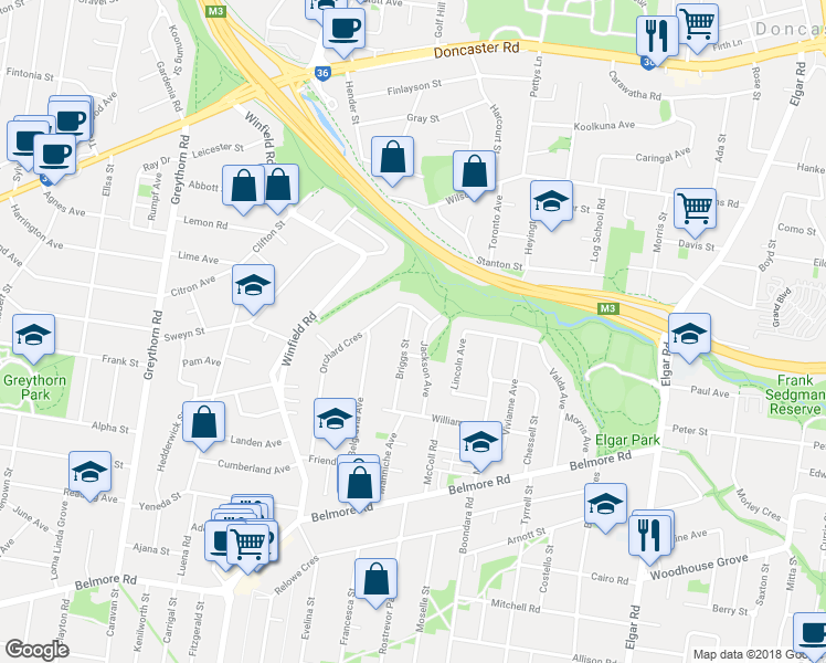 map of restaurants, bars, coffee shops, grocery stores, and more near 24 Briggs Street in Mont Albert North