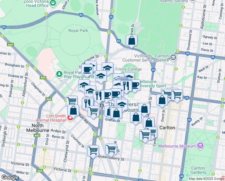 map of restaurants, bars, coffee shops, grocery stores, and more near 625-631 Swanston Street in Carlton