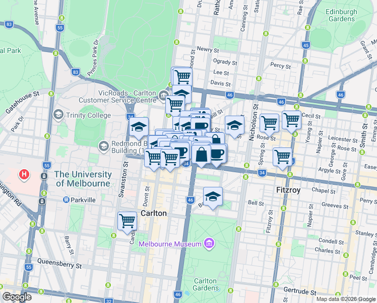 map of restaurants, bars, coffee shops, grocery stores, and more near 29 Little Palmerston Street in Carlton