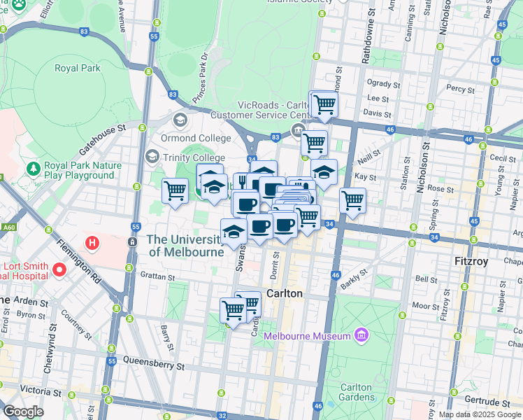 map of restaurants, bars, coffee shops, grocery stores, and more near 256 Elgin Street in Carlton