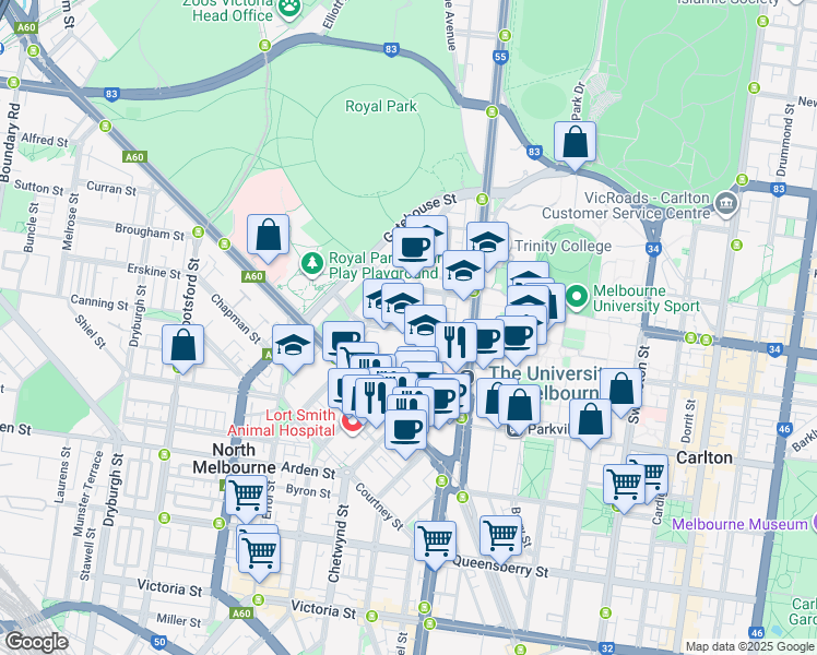 map of restaurants, bars, coffee shops, grocery stores, and more near Story Street in Parkville