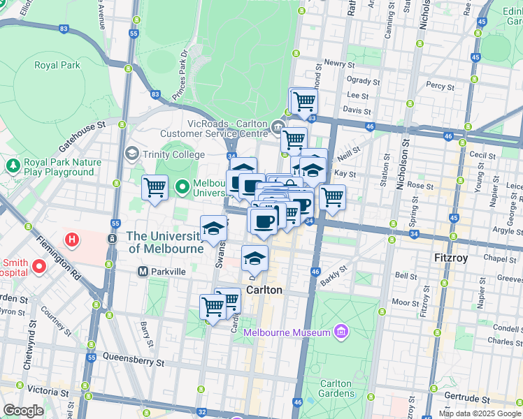 map of restaurants, bars, coffee shops, grocery stores, and more near 224 Elgin Street in Carlton