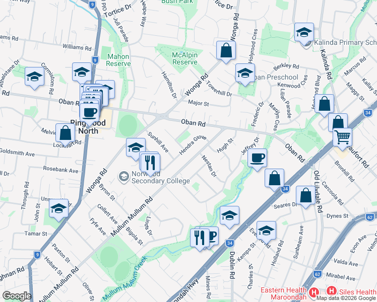map of restaurants, bars, coffee shops, grocery stores, and more near 28 Hendra Grove in Ringwood