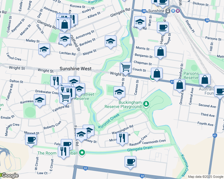 map of restaurants, bars, coffee shops, grocery stores, and more near 31 Ardoyne Street in Sunshine