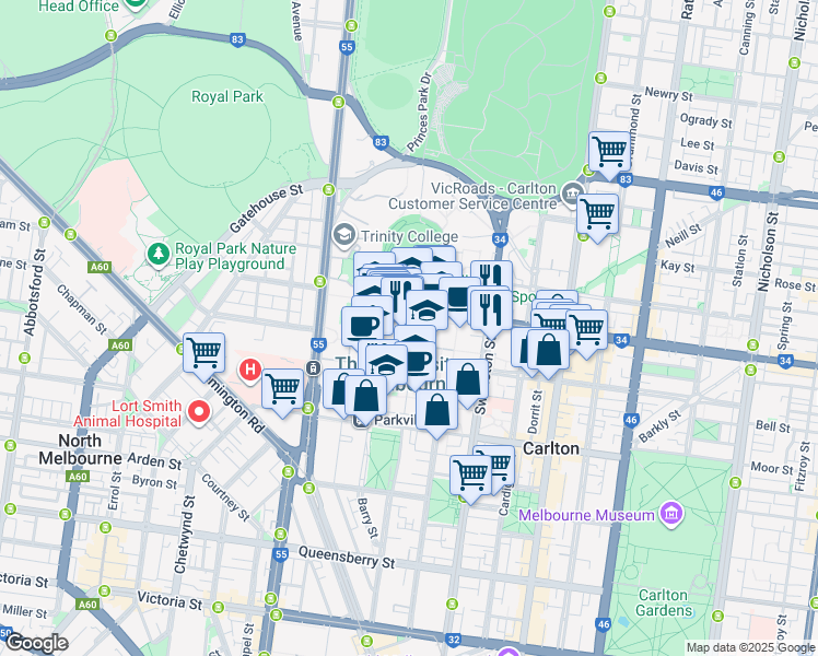 map of restaurants, bars, coffee shops, grocery stores, and more near Union Road in Parkville