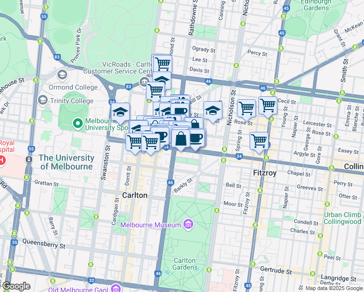 map of restaurants, bars, coffee shops, grocery stores, and more near 108 Elgin Street in Carlton