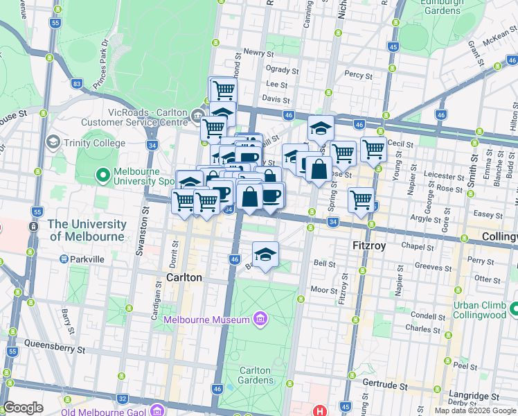 map of restaurants, bars, coffee shops, grocery stores, and more near 92 Elgin Street in Carlton