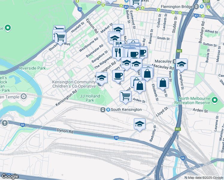map of restaurants, bars, coffee shops, grocery stores, and more near 62 Altona Street in Kensington