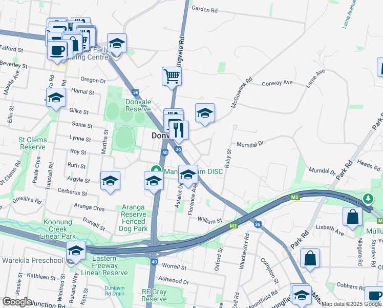 map of restaurants, bars, coffee shops, grocery stores, and more near 81-97 Mitcham Road in Donvale