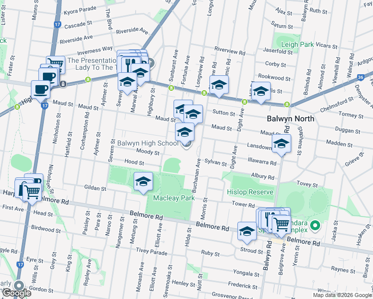 map of restaurants, bars, coffee shops, grocery stores, and more near Buchanan Avenue in Balwyn North