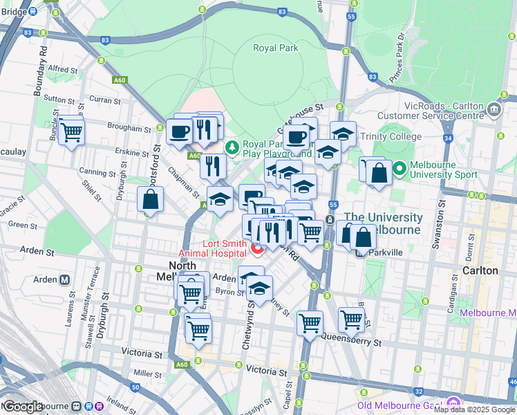 map of restaurants, bars, coffee shops, grocery stores, and more near 30 Flemington Road in Parkville