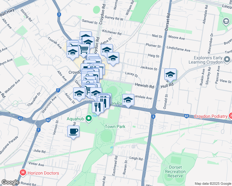 map of restaurants, bars, coffee shops, grocery stores, and more near 213-215 Mount Dandenong Road in Croydon