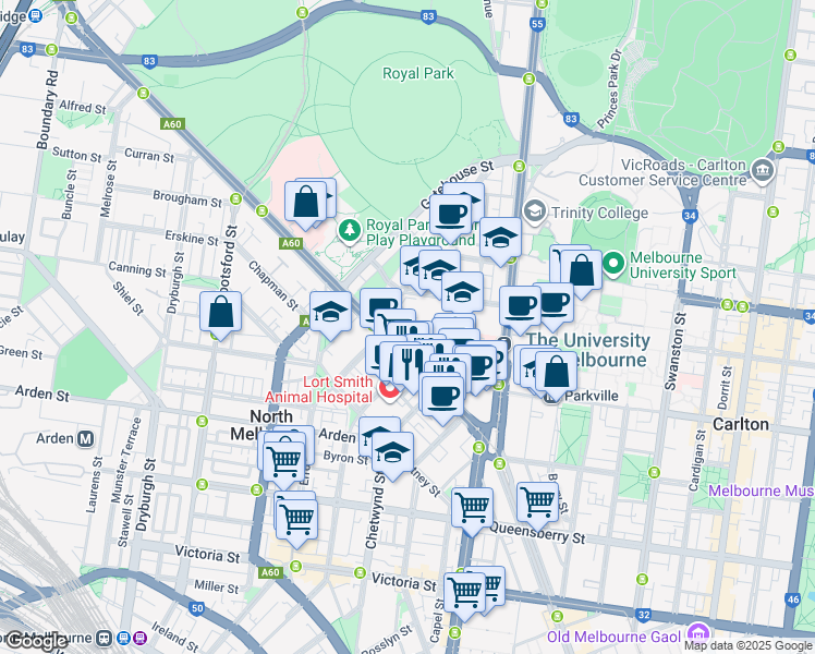 map of restaurants, bars, coffee shops, grocery stores, and more near 30 Flemington Road in Parkville