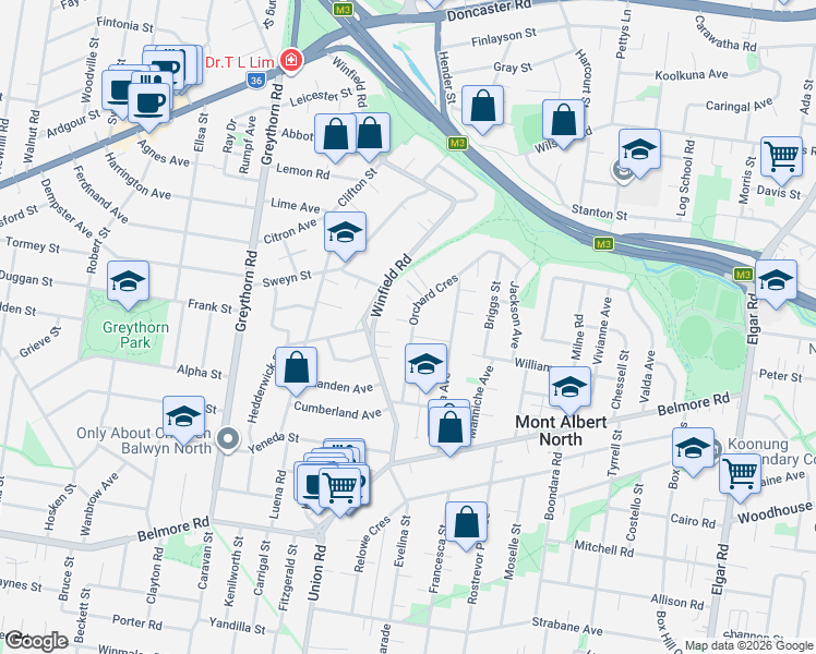 map of restaurants, bars, coffee shops, grocery stores, and more near 31 Orchard Crescent in Mont Albert North