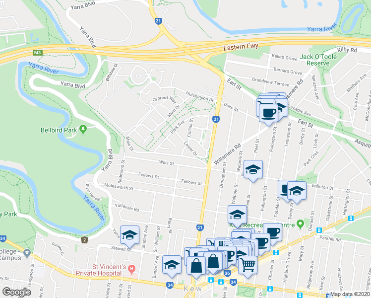 map of restaurants, bars, coffee shops, grocery stores, and more near 14 Collins Street in Kew