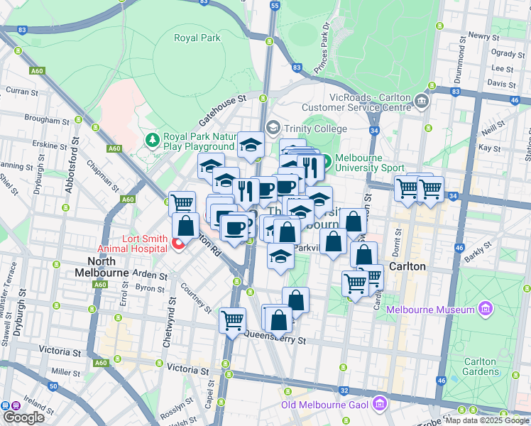 map of restaurants, bars, coffee shops, grocery stores, and more near 30 Royal Parade in Parkville