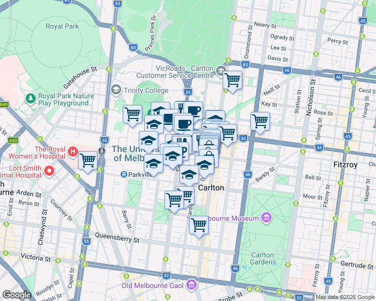 map of restaurants, bars, coffee shops, grocery stores, and more near 270 Faraday Street in Carlton
