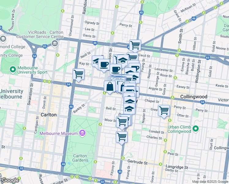 map of restaurants, bars, coffee shops, grocery stores, and more near 44 Johnston Street in Fitzroy